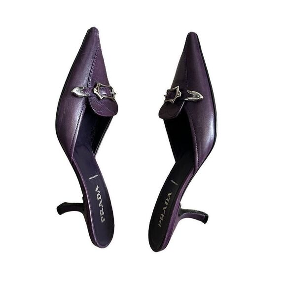 Prada Royal Purple Buckle Kitten Heel Mules - Picture 2 of 6
